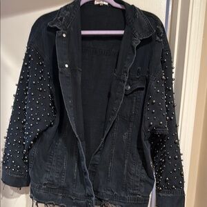 Black Embellished Jean Jacket with Rhinestone Sleeves